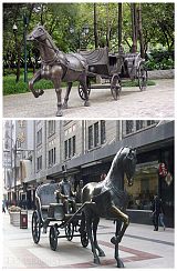 成都古镇景区铸铜人物驾马车雕塑 拍照背景欧式马车;